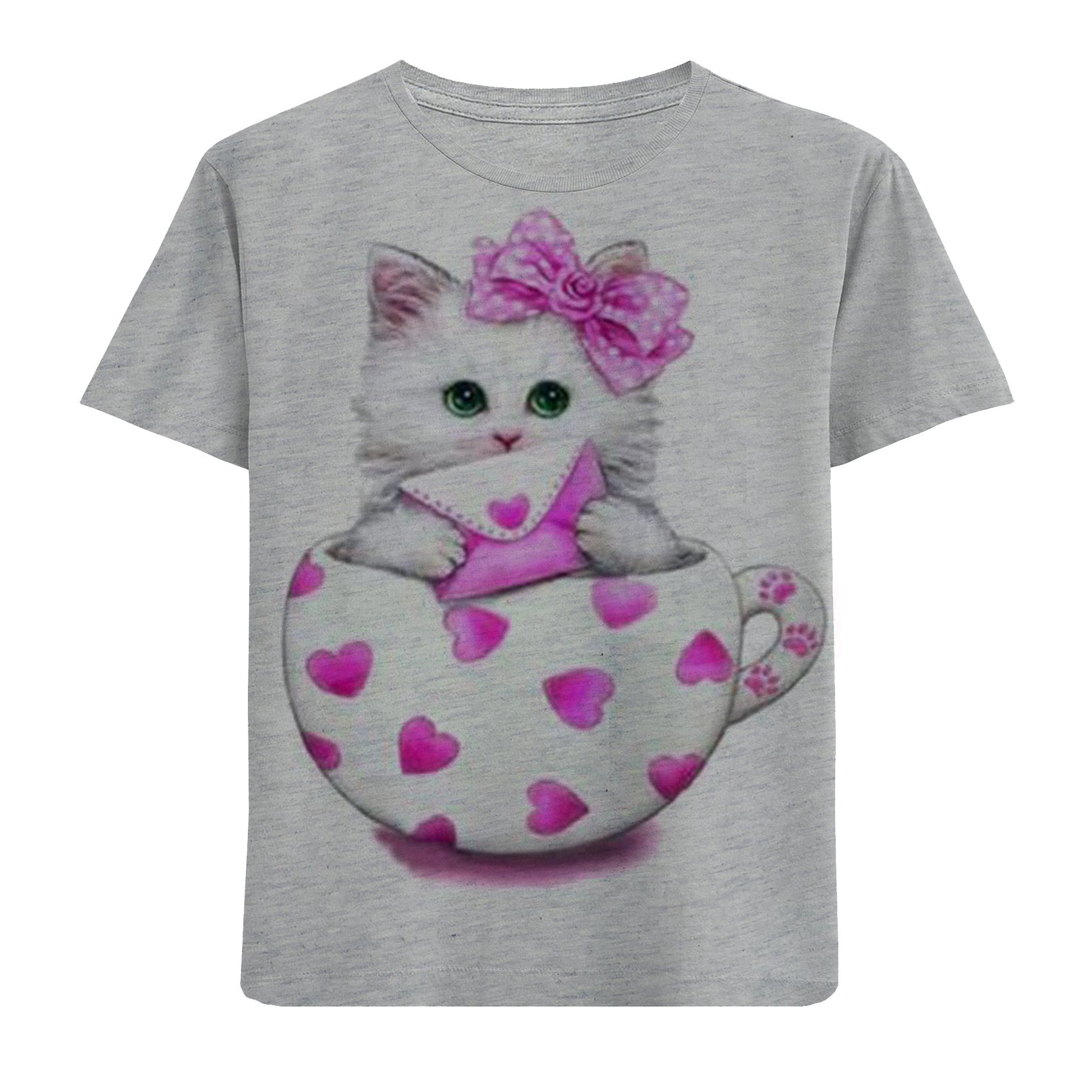 تیشرت آستین کوتاه دخترانه طرح گربه و فنجان کد F106