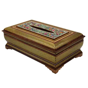 جعبه دستمال کاغذی خاتم کاری طرح گل و مرغ کد 469