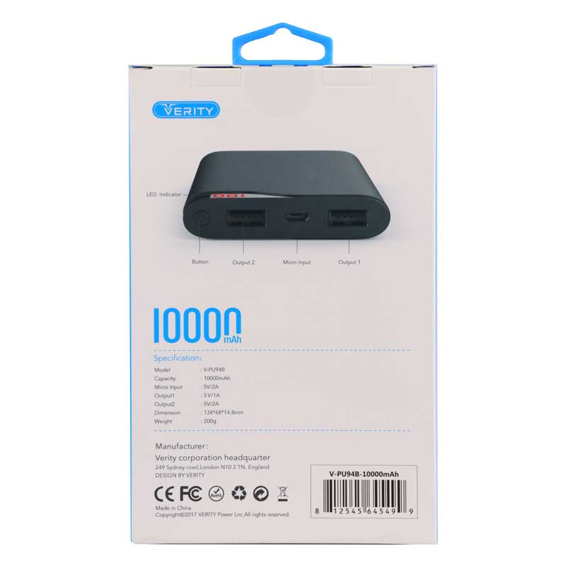 شارژر همراه وریتی مدل V-PU94 ظرفیت 10000 میلی آمپر ساعت