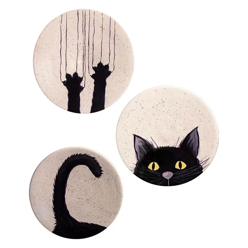 بشقاب دیوارکوب سفالی طرح گربه کد D91-A مجموعه 3 عددی