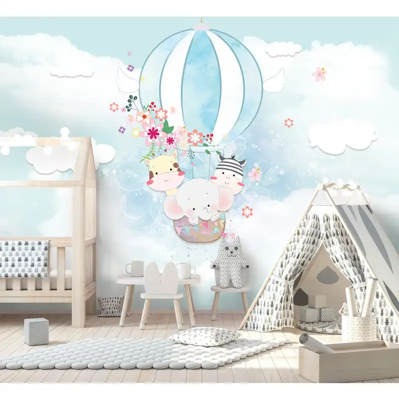 پوستر دیواری اتاق کودک طرح حیوانات بالون‌سوار کد pk121