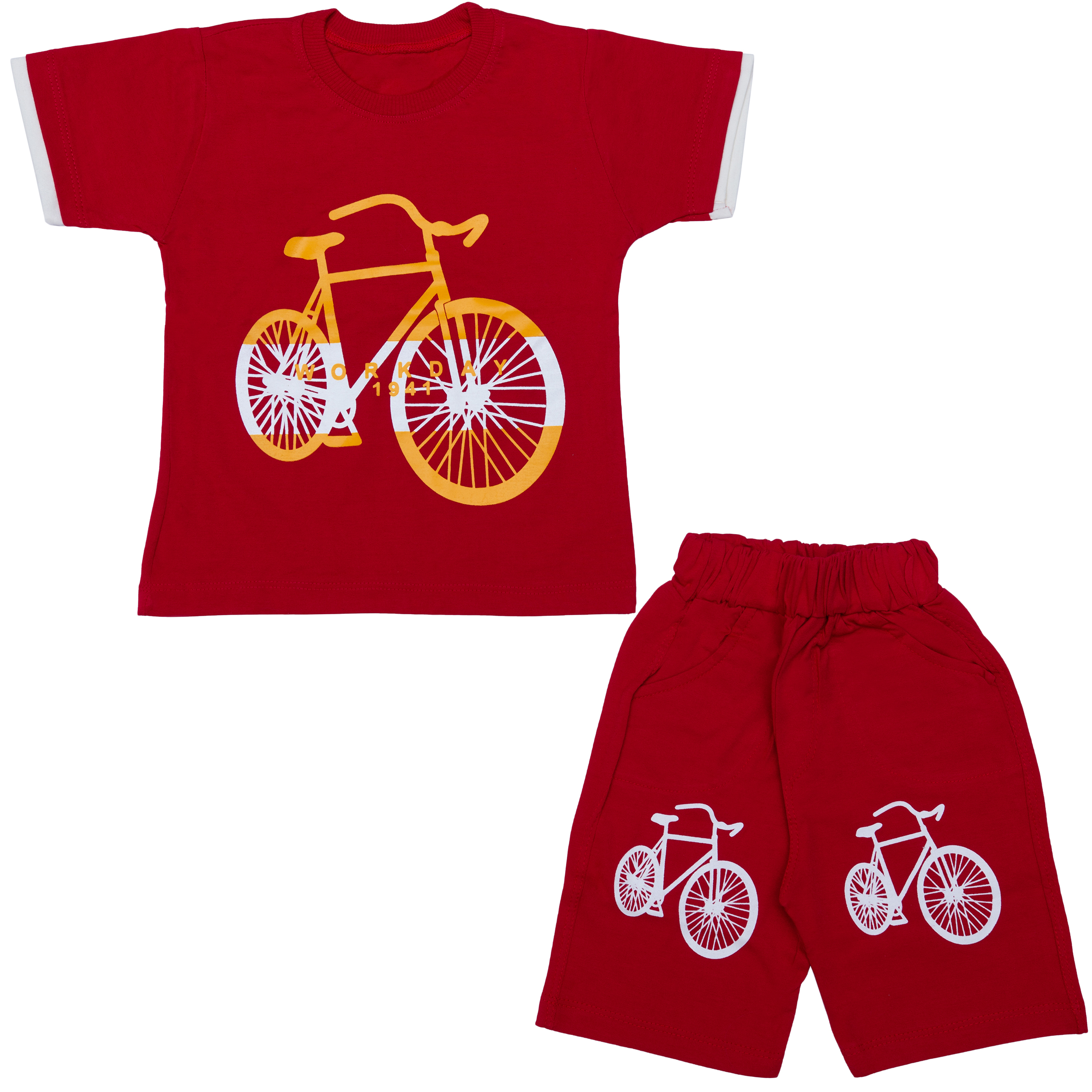 ست تیشرت و شلوارک پسرانه طرح دوچرخه کد 4 رنگ قرمز