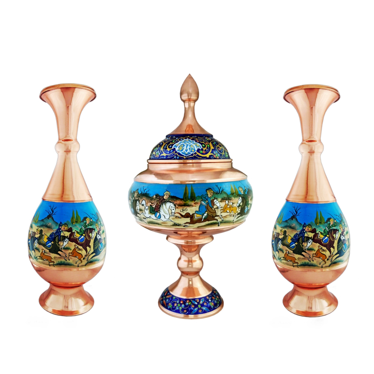 ست ۳ تکه گلدان و شکلات خوری مسی طرح شکار کد st25