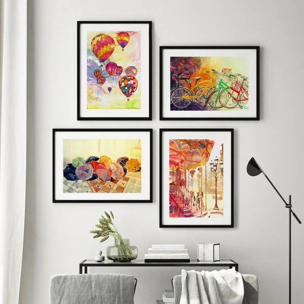 تابلو سالی وود طرح آبرنگ منظره بالون و شهر کد T110104 مجموعه 4 عددی