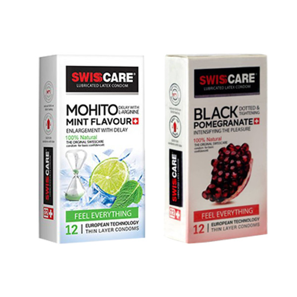 کاندوم سوئیس کر مدل MOHITO MINT FLAVOUR بسته 12 عددی به همراه کاندوم  مدل BLACK POMEGRANATE