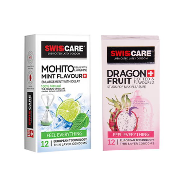 کاندوم سوئیس کر مدل MOHITO MINT FLAVOUR بسته 12 عددی به همراه کاندوم  مدل DRAGON FRUIT