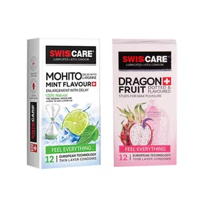 کاندوم سوئیس کر مدل MOHITO MINT FLAVOUR بسته 12 عددی به همراه کاندوم  مدل DRAGON FRUIT