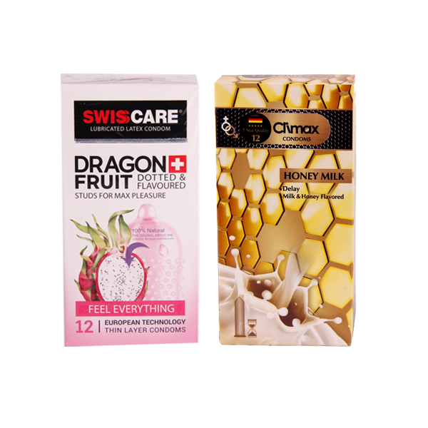کاندوم سوئیس کر مدل DRAGON FRUIT بسته 12 عددی به همراه کاندوم  کلایمکس مدل HONEY MILK بسته 12 عدی 