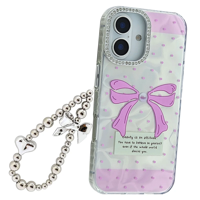 کاور موبایل کیس مدل ماربل طرح لنز نگین دار مناسب برای گوشی موبایل اپل Iphone 16 به همراه بند آویز