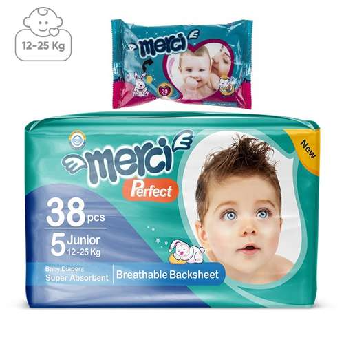 پوشک مرسی مدل Perfect سایز 5 بسته 38 عددی به همراه دستمال مرطوب