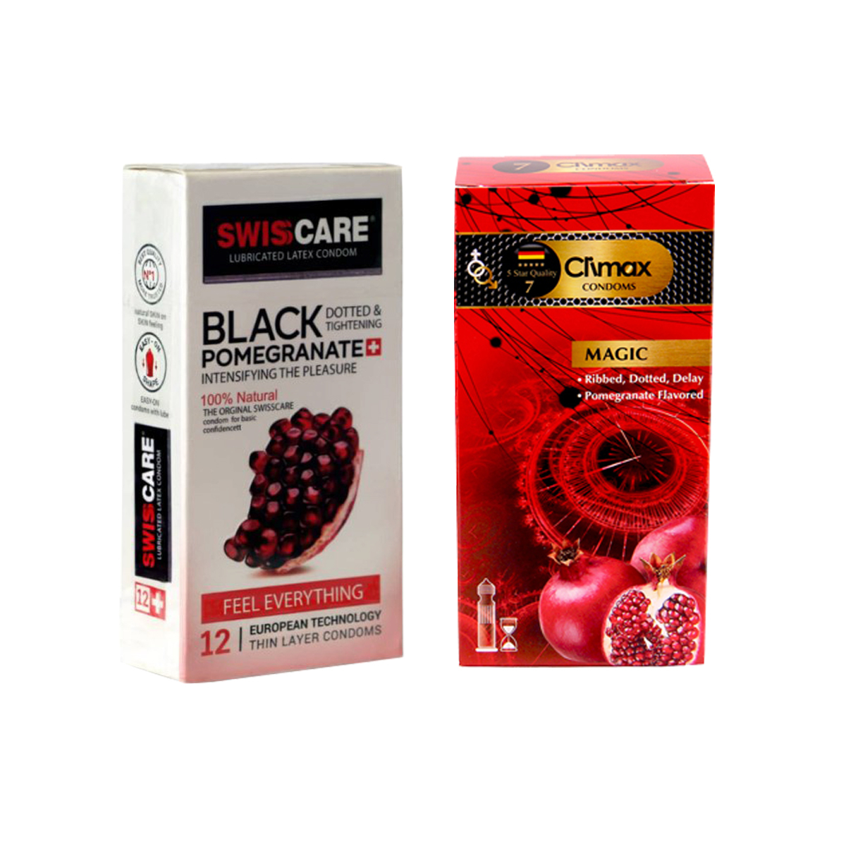 کاندوم سوئیس کر مدل BLACK POMEGRANATE بسته 12 عددی به همراه کاندوم کلایمکس مدل magic بسته 12 عددی 