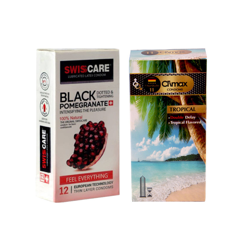 کاندوم سوئیس کر مدل BLACK POMEGRANATE بسته 12 عددی به همراه کاندوم کلایمکس مدل tropical بسته 12 عددی