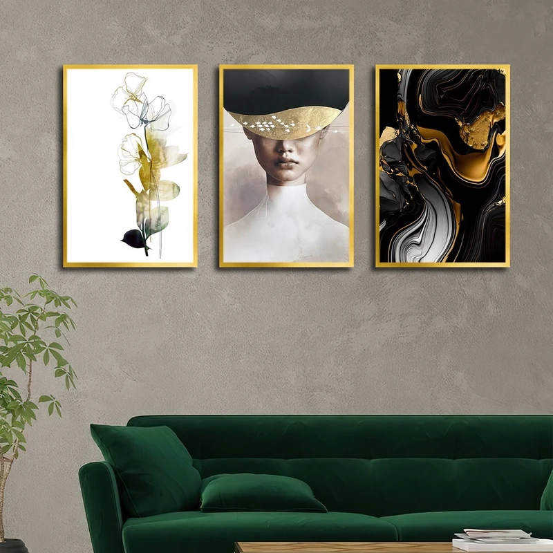 تابلو ساده بکلیت طرح نقاشی گل و چهره مدل شاین اکلیلی T-2614 فریم طلایی مجموعه 3 عددی