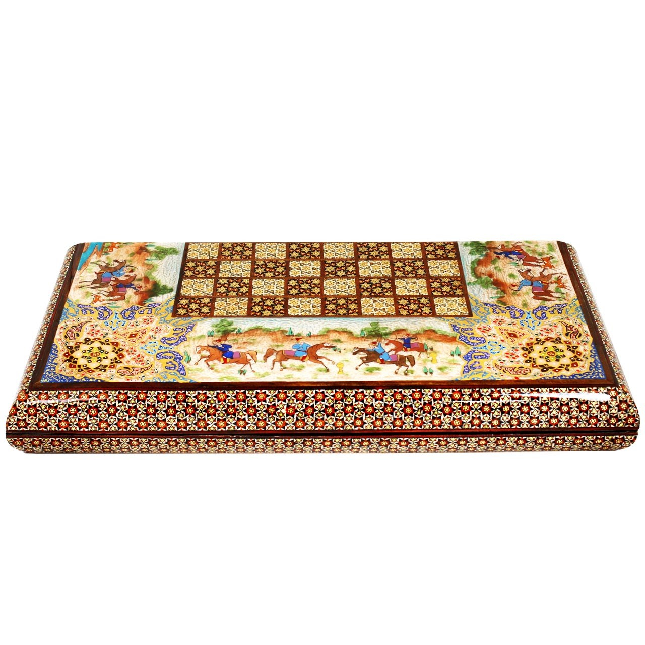 صفحه شطرنج خاتم و صدف طرح شکار اثر اوستا سایز 50 سانتی متر