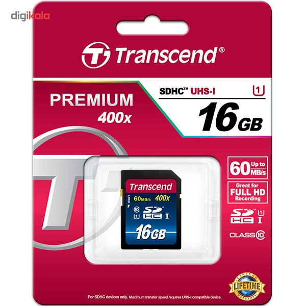 کارت حافظه‌ SDHC ترنسند مدل Premium کلاس 10 استاندارد UHS-I U1 سرعت 60MBps 400X ظرفیت 16 گیگابایت