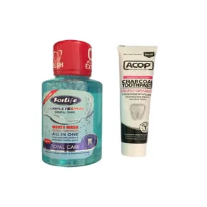 دهان شویه فورلایف مدل TOTAL CARE حجم 330 میلی لیتر به همراه خمیر دندان آکوپ مدل Charcoal toothpaste حجم 90 میلی لیتر