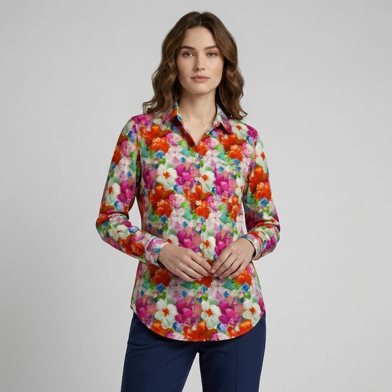 شومیز آستین بلند زنانه مدل Chemise-ColorfulFlowers.3D-01