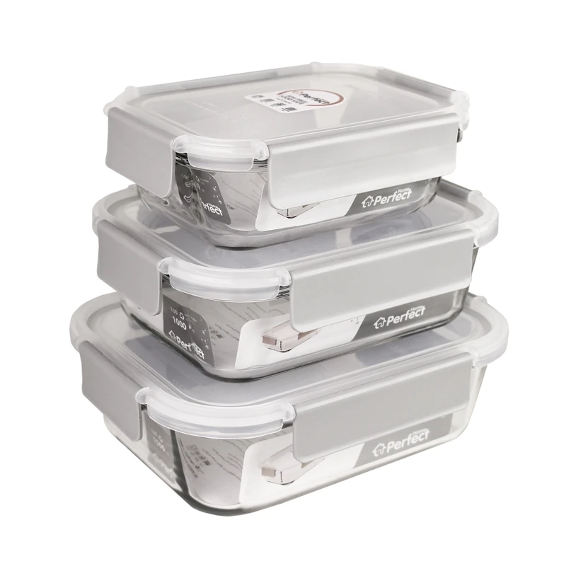 ظرف نگهدارنده با بدنه شیشه ای پرفکت هوم مدلP5400 مناسب برای قرار دادن در یخچال و فریزر مجموعه 3 عددی