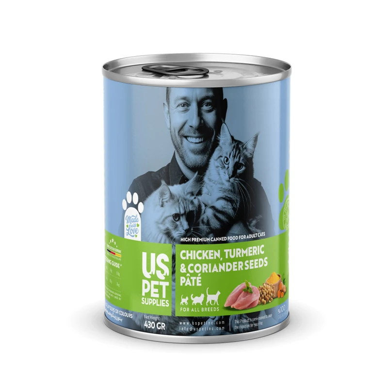 کنسرو غذای گربه بالغ یو اس پت مدل های پریمیوم طعم مرغ، گشنیز و زردچوبه وزن 430 گرم