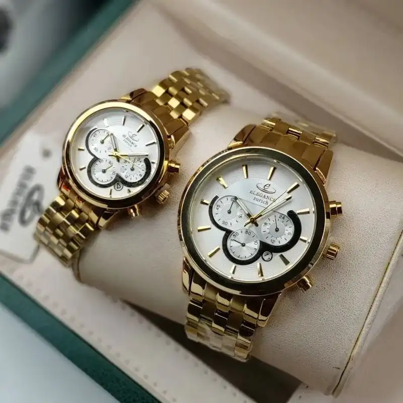 ست ساعت مچی عقربه ای زنانه و مردانه الگانس مدل سه موتور فعال کرنوگراف قفل مخفی