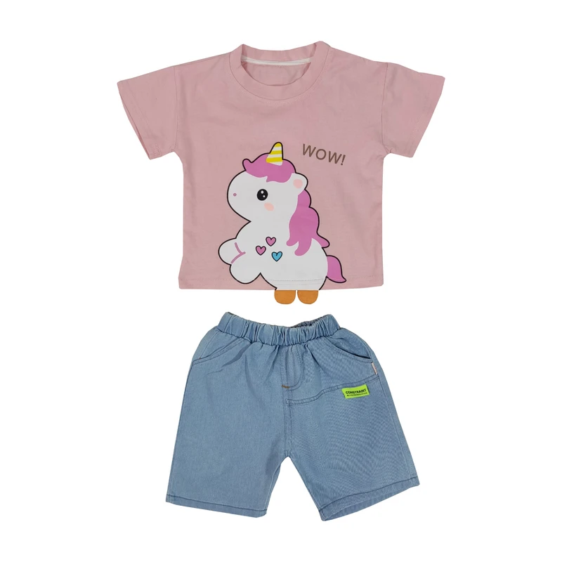 ست تی شرت و شلوارک دخترانه مدل تکشاخ