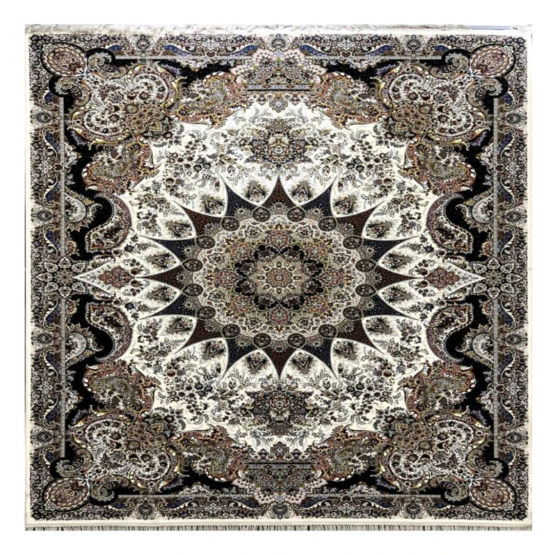 فرش ماشینی 1000 شانه محتشم زمینه کرم حاشیه سرمه ای مدل ماهور