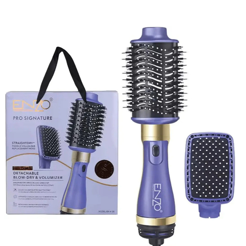سشوار برس‌دار حالت‌دهنده انزو پروفیشینال مدل EN-4128 با توان 1200 وات، موتور DC، دو سری برس گرد و شانه‌دار، تنظیم دما و سرعت دو حالته، فناوری یونیک برای کاهش وز و افزایش درخشندگی مو، خشک‌کن و حالت‌دهنده همزمان