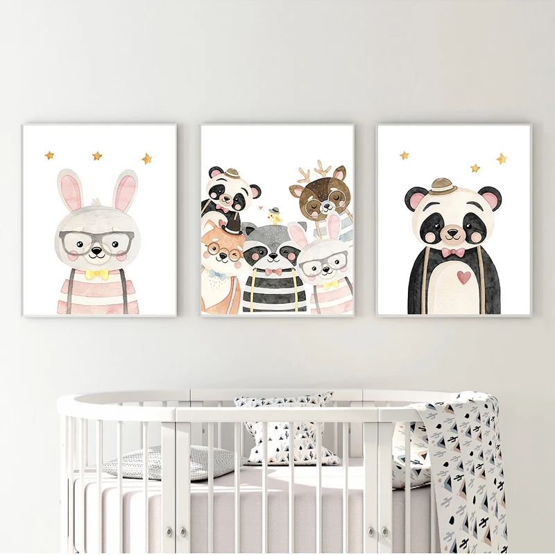 تابلو کودک و نوزاد مدل Elfap_Watercolor Animals Rabbit Panda مجموعه 3 عددی