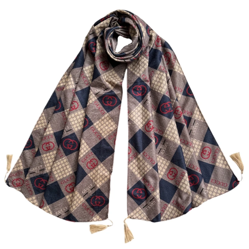 شال زنانه مدل موهر مخمل چهار خانه لوزی زنجیری منگوله دار