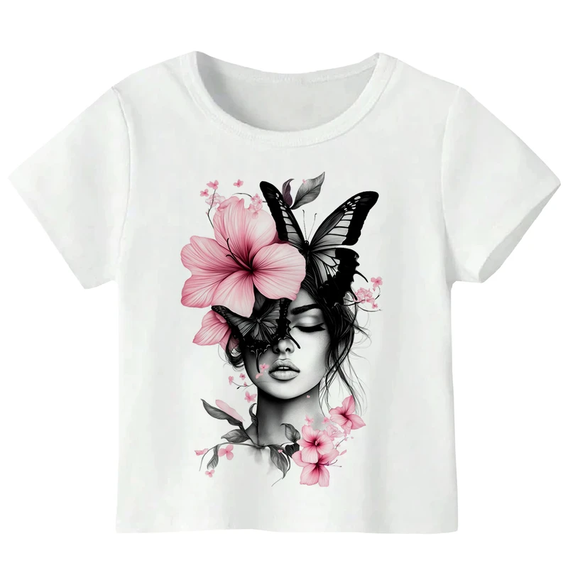 تی‌شرت آستین کوتاه دخترانه مدل W127 طرح دختر و گل