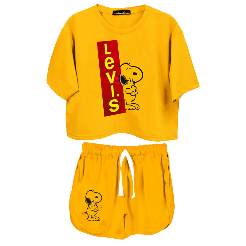 ست کراپ و شلوارک زنانه اسنوپی رنگ خردلی