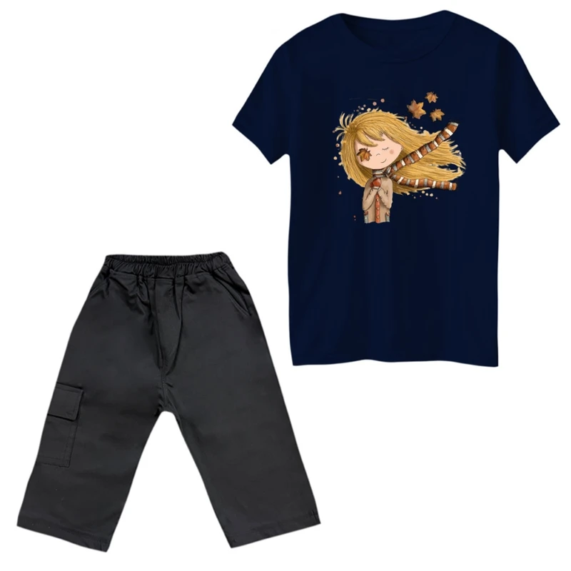 ست تی‌شرت آستین کوتاه و شلوارک دخترانه مدل دخترک پاییزی کد 4 5