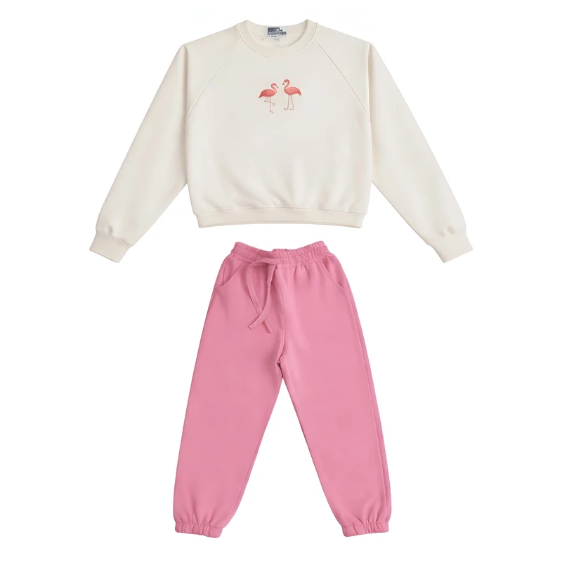 ست تی‌شرت آستین بلند و شلوار راحتی دخترانه مدل فلامینگو