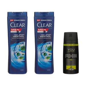 شامپو ضد شوره مو کلییر مدل cool menthol حجم 400 میلی لیتر مجموعه 2 عددی به همراه اسپری بدن اکس مدل 02 حجم 150 میلی لیتر