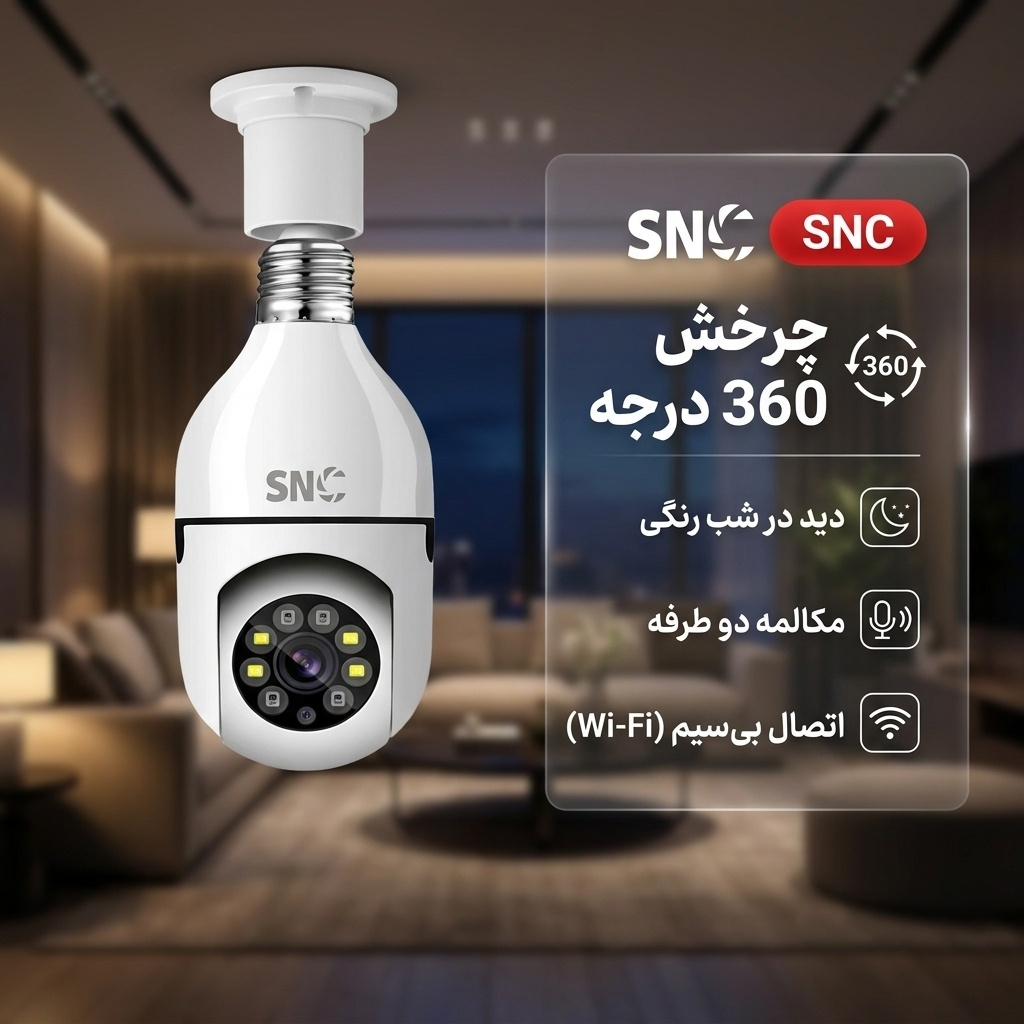 دوربین مداربسته لامپی تحت شبکه SNС بی‌سیم با قابلیت چرخش 360 درجه، دید در شب رنگی، ضبط صدا روی مموری کارت و مکالمه دو طرفه