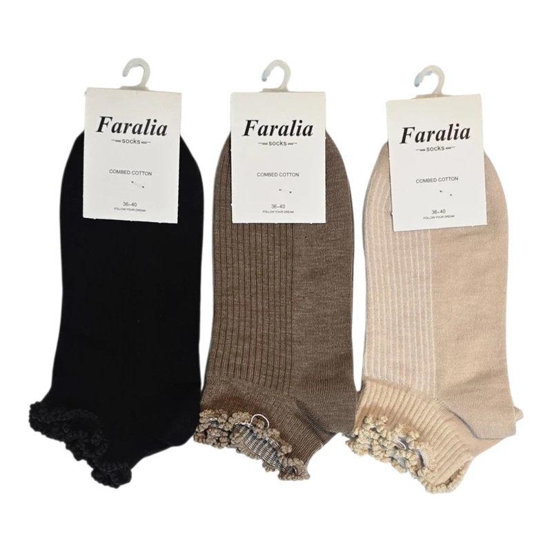 جوراب زنانه مدل مچی ساده لبه چین دار بسته 3 عددی