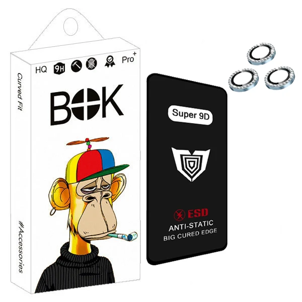 محافظ صفحه نمایش بوک مدل Super 9D Pro مناسب برای گوشی موبایل سامسونگ galaxy a55 / a35 به همراه محافظ لنز نگین دار