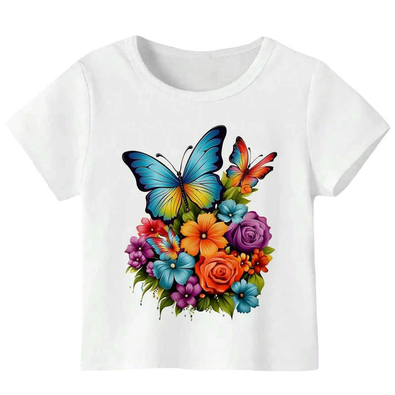 تی‌شرت آستین کوتاه دخترانه مدل گل و پروانه کد W156
