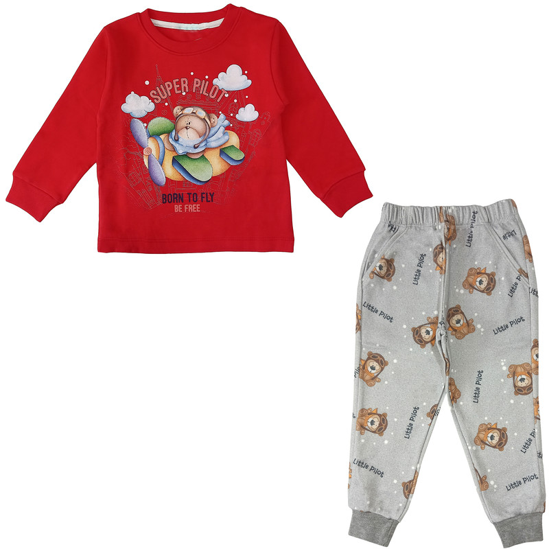 ست تی شرت و شلوار پسرانه مدل خرس خلبان کد 3520 رنگ قرمز