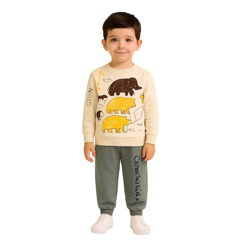 ست تی‌شرت آستین بلند و شلوار راحتی بچگانه مدل نخی طرح حیوانات