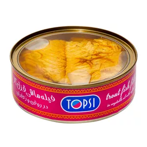 کنسرو ماهی قزل آلا زعفرانی درب شفاف تاپسی-240 گرم