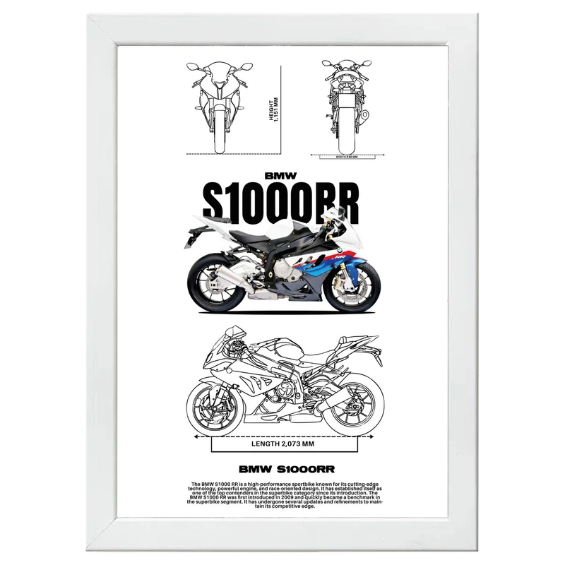 تابلو بکلیت طرح موتور سنگین بی ام و BMW S1000RR مدل W-po1544 فریم سفید