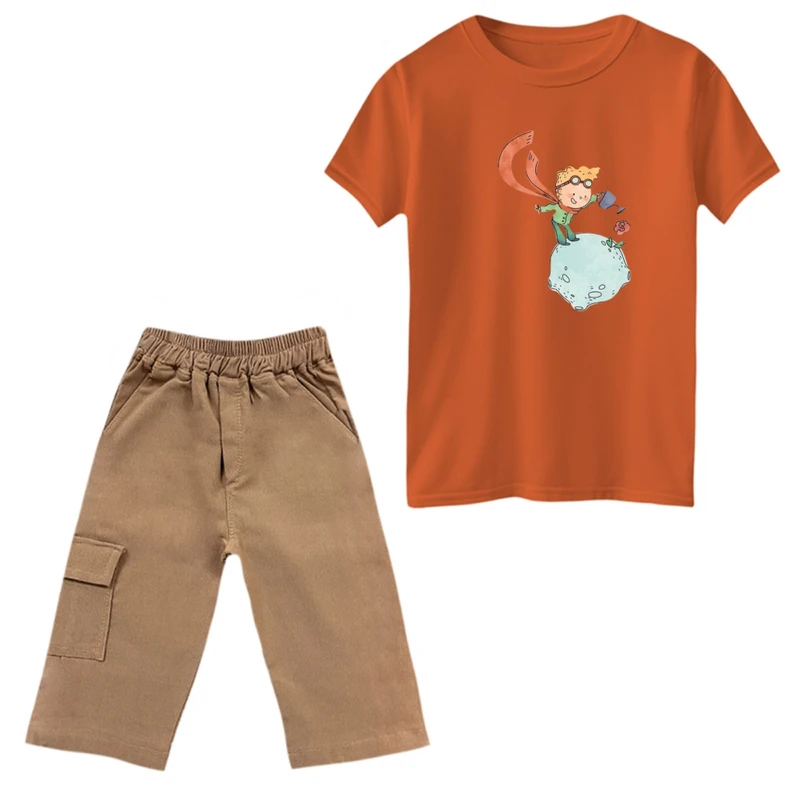 ست تی‌شرت و شلوارک پسرانه مدل شازده کوچولو و گل رنگ نارنجی