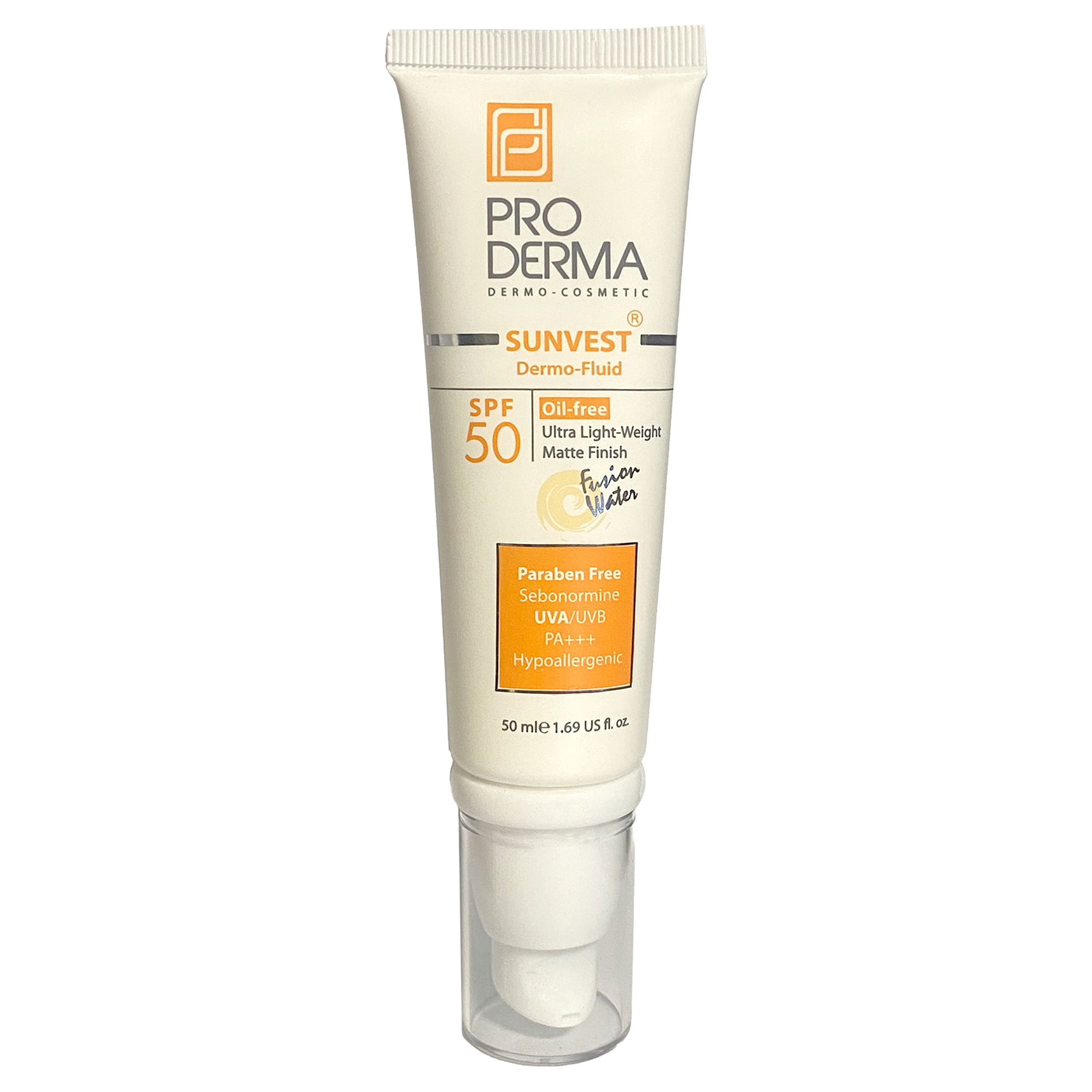 کرم ضد آفتاب بدون رنگ پرودرما SPF50 مدل فلوئید محافظ PA+++ ،UVA ،UVB، تنظیم ترشح چربی پوست، ضد جوش و آکنه، مناسب پوست های معمولی حجم 50 میلیلیتر