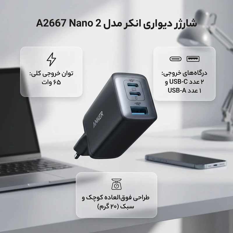 عکس شماره 2 : شارژر دیواری 65 وات انکر مدل a2667 nano 2