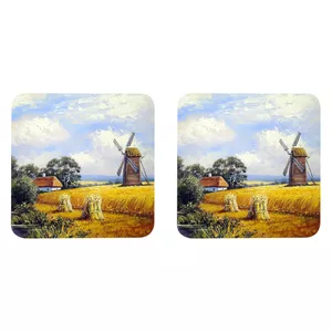 زیر لیوانی طرح نقاشی منظره مزرعه آسیاب بادی و کلبه مدل Z1018 بسته دو عددی