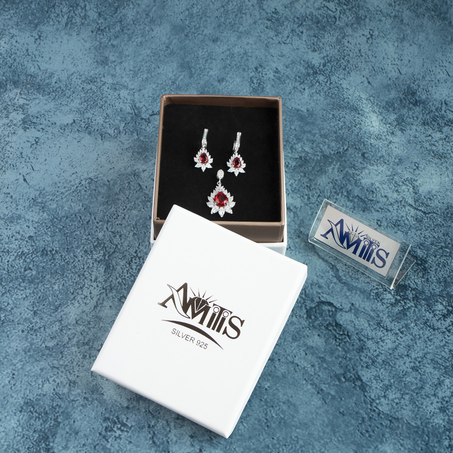 نیم ست نقره زنانه مدل یاقوت AMT-N214