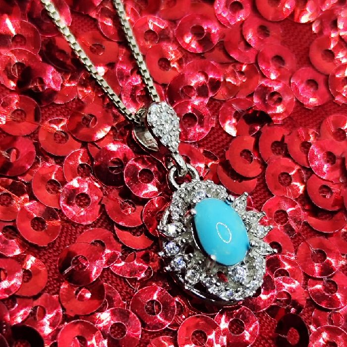 گردنبند نقره زنانه مدل فیروزه نیشابور آبکاری رادیوم کد 6770 - - 7