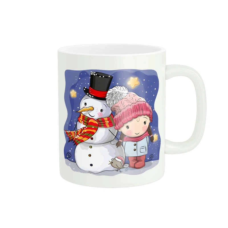 ماگ طرح نقاشی زمستانی ادم برفی و دختربچه کد 1447