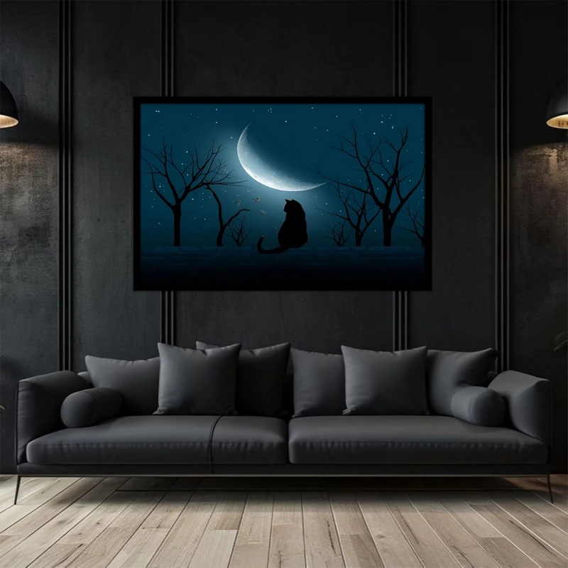 تابلو بکلیت طرح نقاشی و هنری دیجیتال گربه شب و ماه مدل B-bu5092